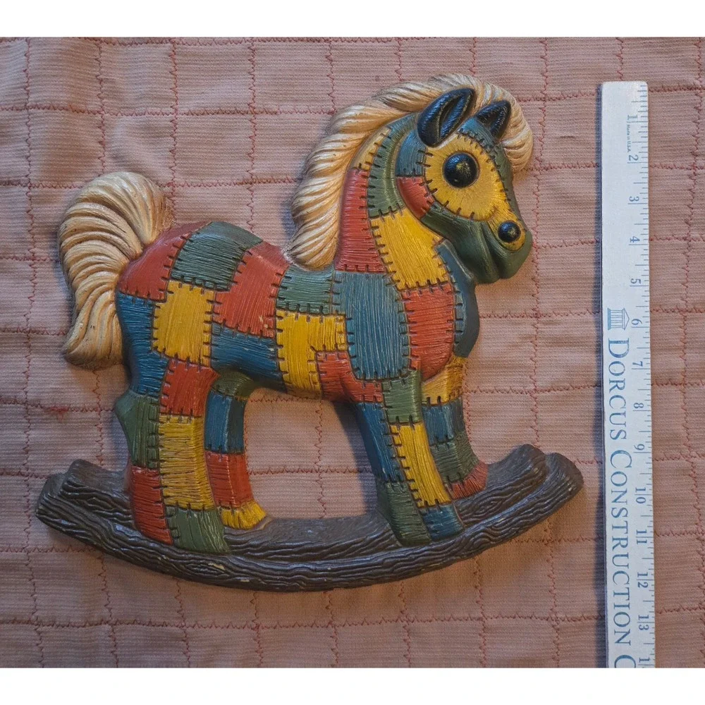 Vintage Patchwork Rocking Horse Wall Plaque Nursery Decor 3D Relief 13x11